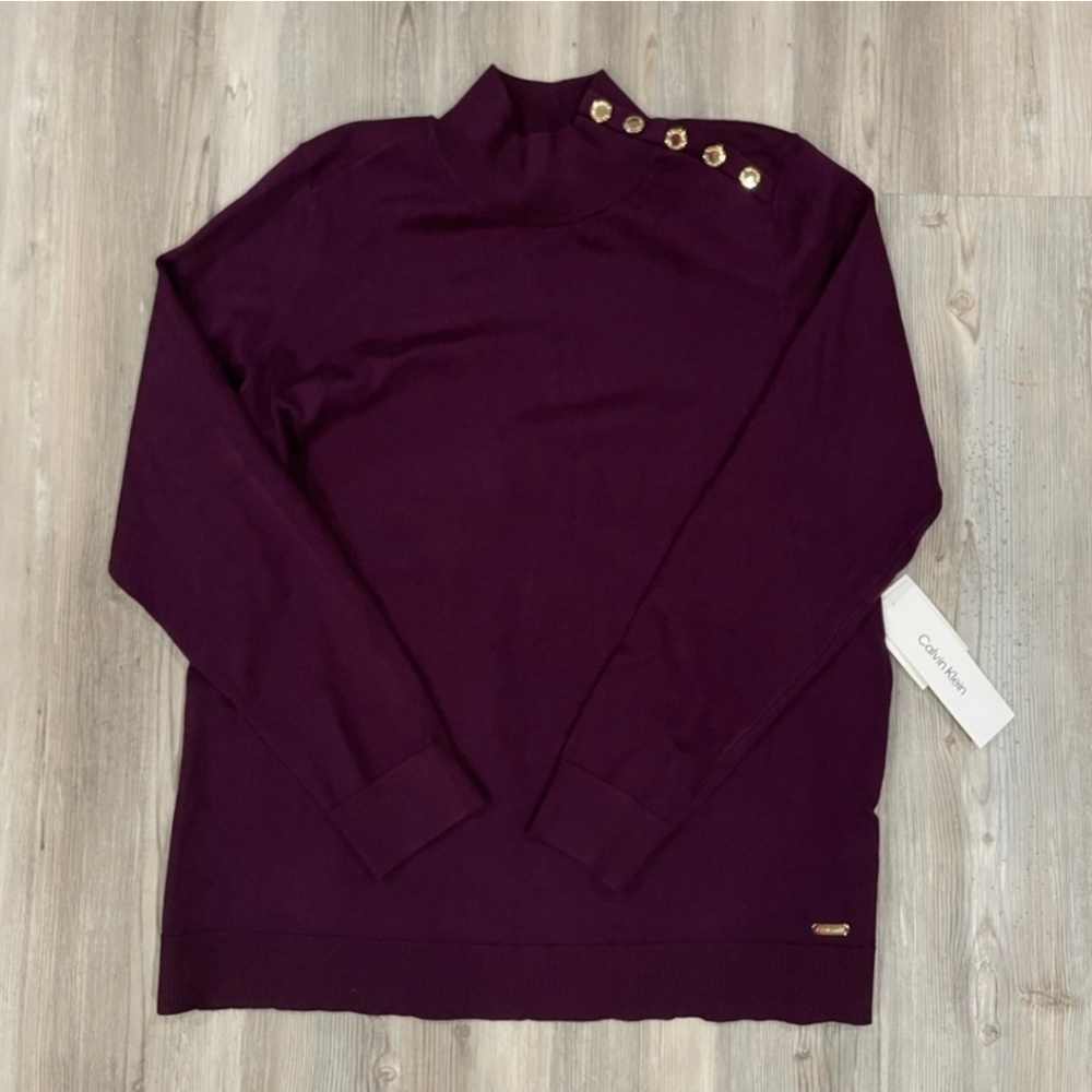 NWT Calvin Klein Merlot colored sweater size large with gold button side collar